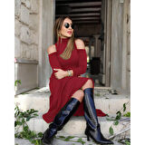 Lucky Life Kadın Balıkçı Yaka Omuzlardan Açık Uzun Kollu Janjan Krep Elbise