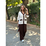 Lucky Life Kadın Uzun Kollu Ribanali Cep Detay Hırka Ve Bol Paça Pantolon Ikili Takım