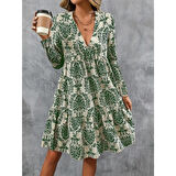 Lucky Life Kadın Uzun Kollu V Yakalı Fırfırlı Mini Süprem Elbise