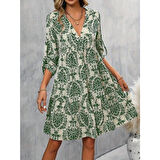 Lucky Life Kadın Uzun Kollu V Yakalı Fırfırlı Mini Süprem Elbise