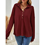 Lucky Life Kadın Uzun Kollu Yakalı Düğmeli Salaş Waffle Bluz