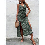 Lucky Life Kadın Ip Askılı Kruvaze Yakalı Yırtmaçlı Uzun Desenli Kuşaklı Süprem Elbise