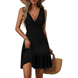 Lucky Life Kadın Askılı Kruvaze Yakalı Fırfırlı Janjan Krep Elbise