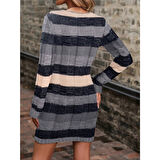 Lucky Life Kadın Uzun Kollu V Yakalı çizgili çok Renkli Triko Mini Elbise