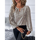 Lucky Life Kadın Uzun Kollu Damla Detaylı Yaka Desenli Süprem Bluz