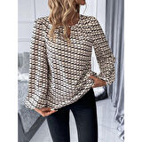 Lucky Life Kadın Uzun Kollu Damla Detaylı Yaka Desenli Süprem Bluz