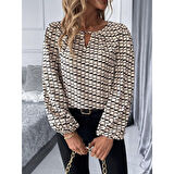 Lucky Life Kadın Uzun Kollu Damla Detaylı Yaka Desenli Süprem Bluz