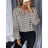 Lucky Life Kadın Uzun Kollu Damla Detaylı Yaka Desenli Süprem Bluz