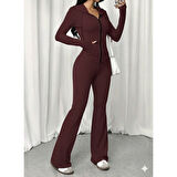 Lucky Life Kadın Uzun Kollu Kapşonlu Bağcıklı önü Fermuarlı Viskon Iki Iplik Bluz Ve Pantolon Ikili Takım