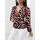 Lucky Life Kadın Uzun Kollu Kruvaze Yakalı Belden Kuşaklı Leopar Desenli Süprem Bluz