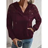 Lucky Life Kadın Uzun Kollu Kapşonlu Bağcıklı Dantelli Viskon Iki Iplik Bluz