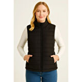 Lucky Life Kadın Şişme FermuarlıYelek Su Itici Kapitone Astarlı Kumaş Cepli Hafif Kışlık Spor Rahat Kalıp - Siyah