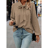 Lucky Life Kadın Uzun Kollu Yakadan Fiyonklu Incili Ithal Krep Bluz