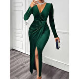 Lucky Life Kadın Uzun Kollu Kruvaze Yaka önünden çapraz Detaylı Uzun Kadife Elbise