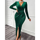 Lucky Life Kadın Uzun Kollu Kruvaze Yaka önünden çapraz Detaylı Uzun Kadife Elbise