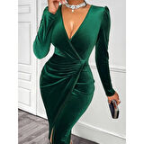 Lucky Life Kadın Uzun Kollu Kruvaze Yaka önünden çapraz Detaylı Uzun Kadife Elbise