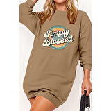 Lucky Life Kadın Uzun Kollu Bisiklet Yaka Yazılı Viskon Iki Iplik Elbise