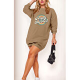 Lucky Life Kadın Uzun Kollu Bisiklet Yaka Yazılı Viskon Iki Iplik Elbise