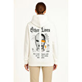 Lucky Life Üç İplik Kapşonlu ön Ve Arka Baskılı SweatShirt Hoodie- Beyaz