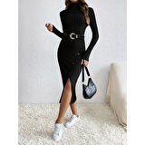 Lucky Life Kadın Uzun Kollu Balıkçı Yaka Yırtmaçlı Düğmeli şardonlu Kaşkorse Elbise