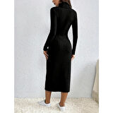 Lucky Life Kadın Uzun Kollu Balıkçı Yaka Yırtmaçlı Düğmeli şardonlu Kaşkorse Elbise