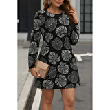 Lucky Life Kadın Uzun Kollu Bisiklet Yaka Desenli Kısa Krep Elbise