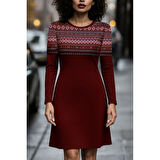 Lucky Life Lucky Life Kadın Uzun Kollu Bisiklet Yaka Etnik Desenli Kısa şardonlu Dalgıç Elbise