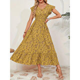 Lucky Life Kadın Kısa Kollu Kruvaze Yaka Beli Lastikli çiçek Desenli Elbise