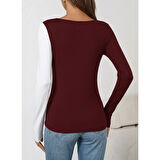 Lucky Life Kadın Uzun Kollu Geometrik Yaka Detaylı çift Renkli Viskon Bluz