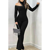 Lucky Life Kadın Tek Omuzdan Açık Balıkçı Yaka Taş Detaylı Uzun Ithal Krep Tulum