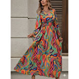 Lucky Life Kadın Uzun Kollu V Yakalı Desenli Maxi Süprem Elbise