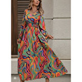 Lucky Life Kadın Uzun Kollu V Yakalı Desenli Maxi Süprem Elbise