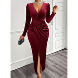 Lucky Life Kadın Uzun Kollu Kruvaze Yaka önünden çapraz Detaylı Uzun Kadife Elbise