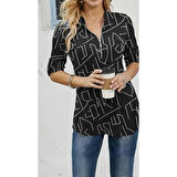 Lucky Life Kadın Uzun Kollu Hakim Yaka Yakadan Fermuarlı Geometrik Desenli Süprem Bluz