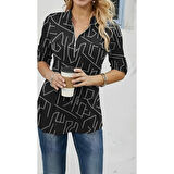 Lucky Life Kadın Uzun Kollu Hakim Yaka Yakadan Fermuarlı Geometrik Desenli Süprem Bluz