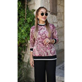 Lucky Life Kadın Uzun Kollu Bisiklet Yaka Desenli Iki Iplik Bluz Ve Viskon Iki Iplik Pantolon Ikili Takım