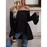 Lucky Life Kadın Uzun Kollu Madonna Yaka Asimetrik Detaylı Kolları Ispanyol Viskon Bluz