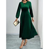 Lucky Life Kadın Uzun Kollu Bisiklet Yaka Midi Kadife Elbise