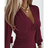 Lucky Life Kadın Uzun Kollu Derin V Yakalı önden Büzgülü Sandy Bluz