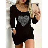 Lucky Life Kadın Uzun Kollu Yuvarlak Yaka Taşlı Kalp Desenli Viskon Iki Iplik Elbise