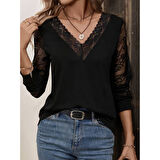 Lucky Life Kadın Uzun Kollu V Dantel Yakalı Viskon Bluz