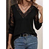 Lucky Life Kadın Uzun Kollu V Dantel Yakalı Viskon Bluz
