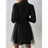 Lucky Life Kadın Uzun Kollu Yakalı Belinde Kemer Detaylı Mini Tüllü Ithal Krep Elbise