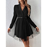 Lucky Life Kadın Uzun Kollu Yakalı Belinde Kemer Detaylı Mini Tüllü Ithal Krep Elbise