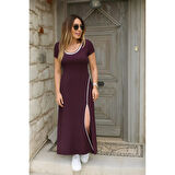 Lucky Life Kadın Kısa Kollu Yuvarlak Yaka Beyaz Yırtmaç Detaylı Viskon Tam Boy Elbise