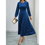 Lucky Life Kadın Uzun Kollu Bisiklet Yaka Midi Kadife Mavi Elbise