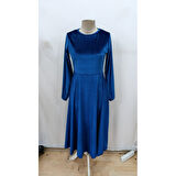 Lucky Life Kadın Uzun Kollu Bisiklet Yaka Midi Kadife Mavi Elbise