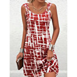 Lucky Life Kadın Askılı Kuş Gözü Detaylı Desenli Süprem Elbise