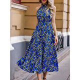 Lucky Life Kadın Omuzlardan Açık Daire Yaka Desenli Maxi Süprem Elbise