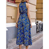 Lucky Life Kadın Omuzlardan Açık Daire Yaka Desenli Maxi Süprem Elbise